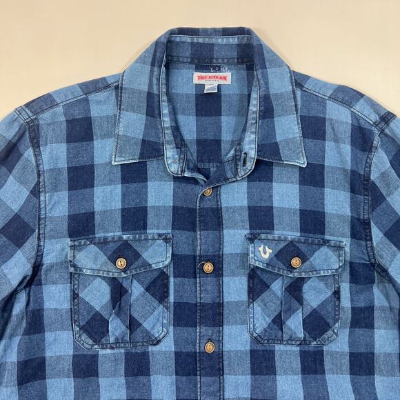 True Religion Shirt Men M Medium Blue Plaid Long Sleeve Collared Pockets Utility - Picture 4 of 13